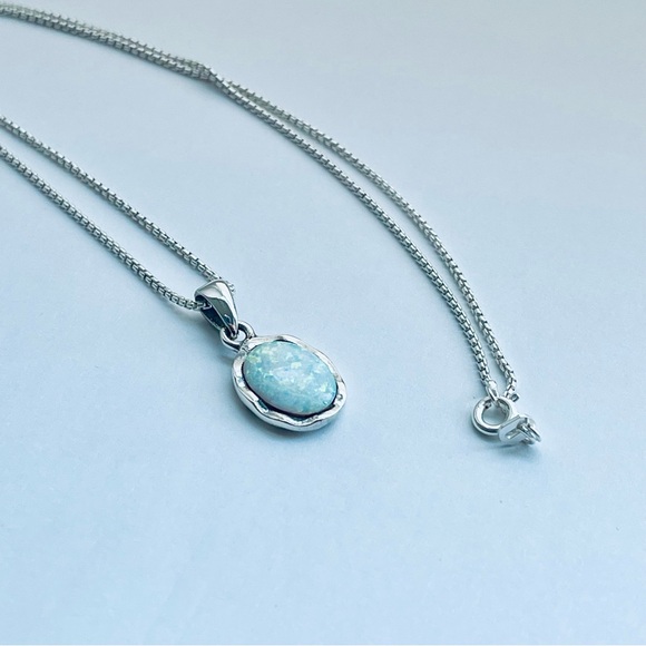 Sterling Silver Wavy White Lab Opal Necklace, October Birthstone Necklaces - Picture 9 of 11